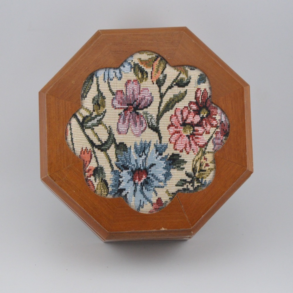 Vintage Jewelry Box Brown Floral Tapestry Octagon Wood Mirror